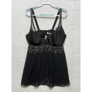 Cacique Black Lace Trim Babydoll Lingerie Sheer‎ Top Adjustable Straps 44DDD